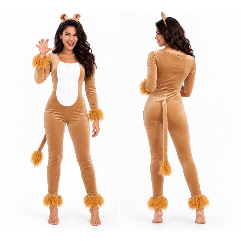 Tipsy Elves Lion Bodysuit Costume Velvet Women Small Brown White Halloween Party